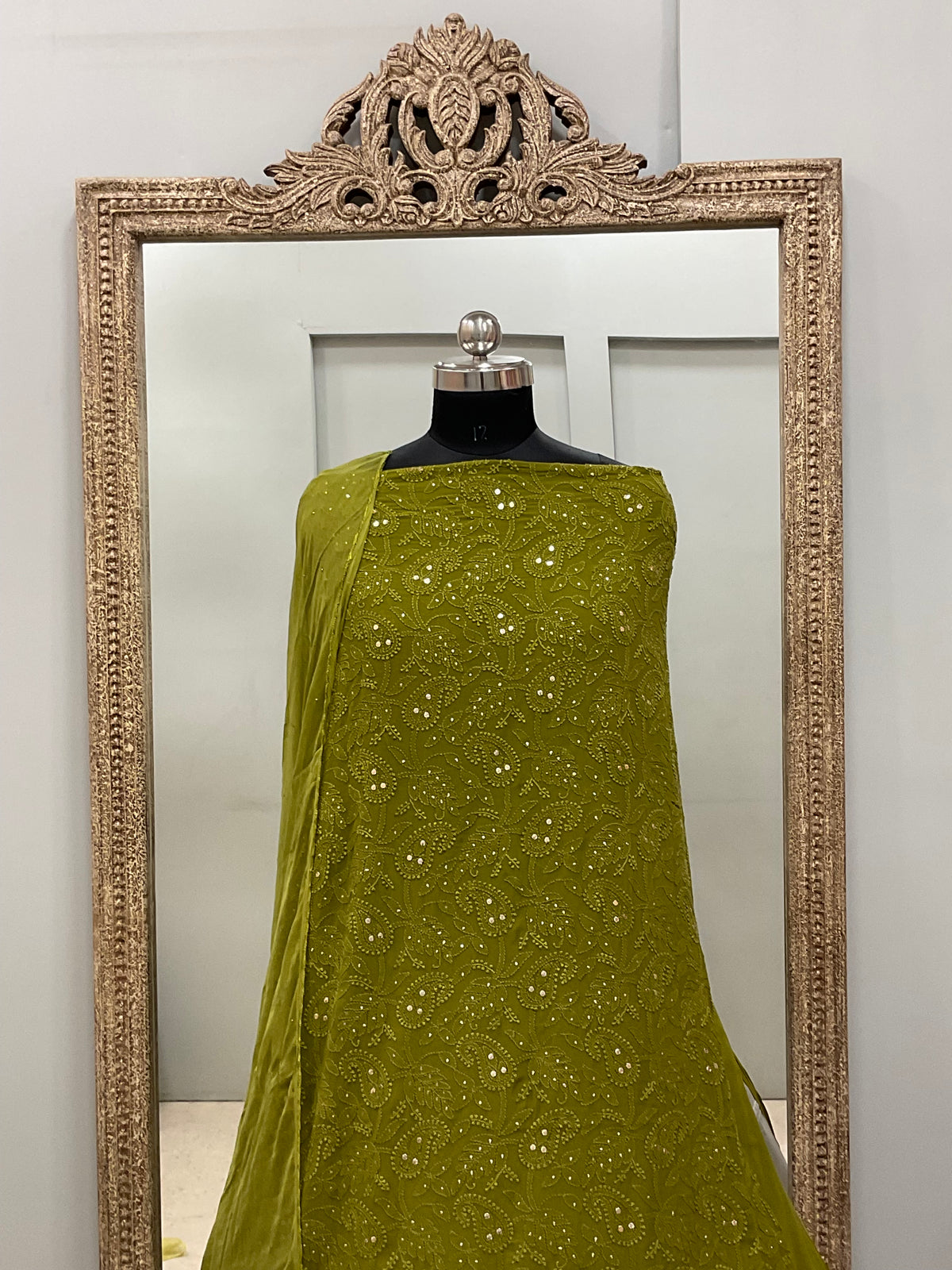 Georgette Straight Heavy Mukaish Work With Chiffon Dupatta Green