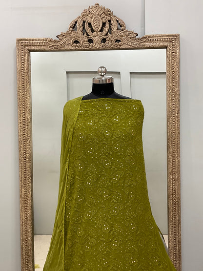 Georgette Straight Heavy Mukaish Work With Chiffon Dupatta Green