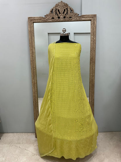 Georgette Straight Heavy Mukaish Work With Chiffon Dupatta Green