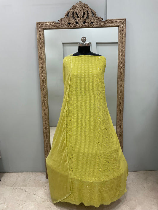 Georgette Straight Heavy Mukaish Work With Chiffon Dupatta Green