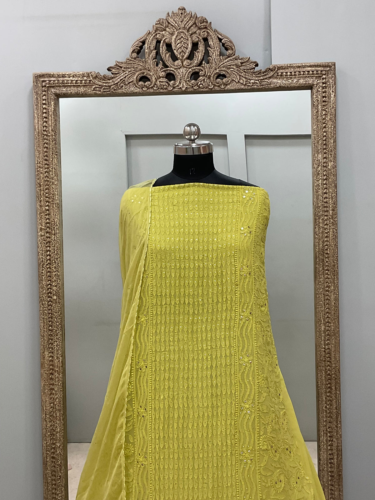 Georgette Straight Heavy Mukaish Work With Chiffon Dupatta Green