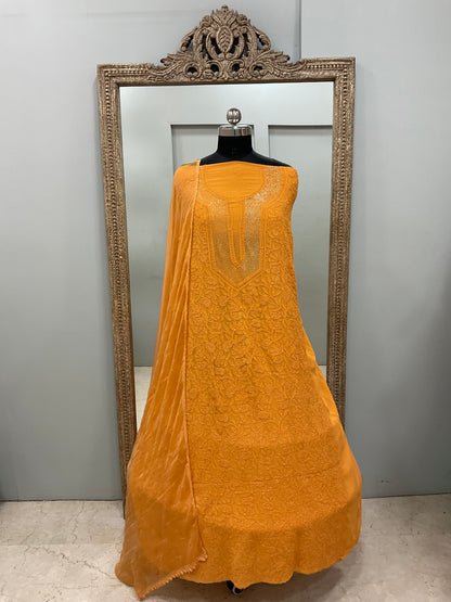Georgette Straight Heavy Mukaish Work With Chiffon Dupatta  Orange