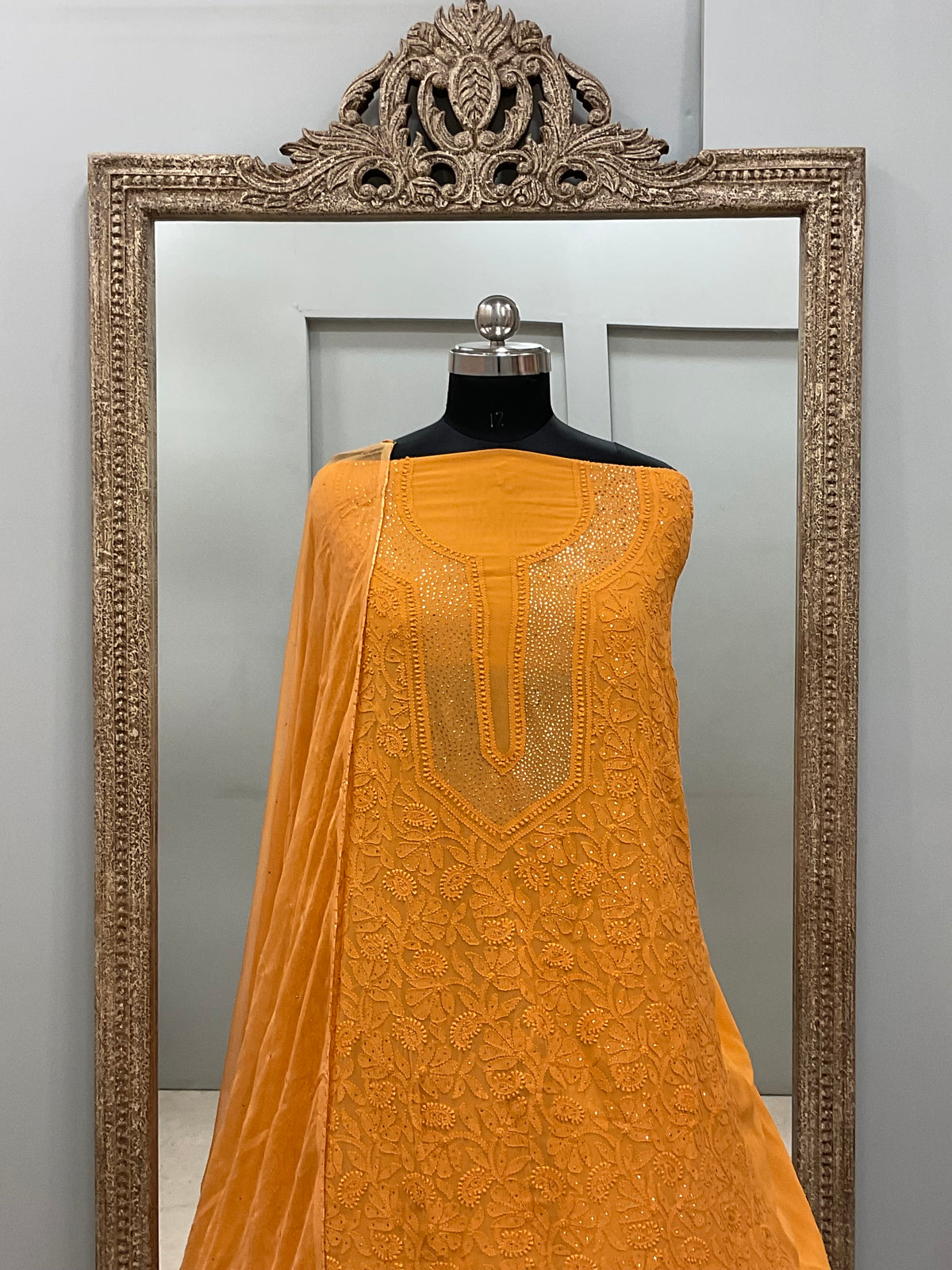 Georgette Straight Heavy Mukaish Work With Chiffon Dupatta  Orange