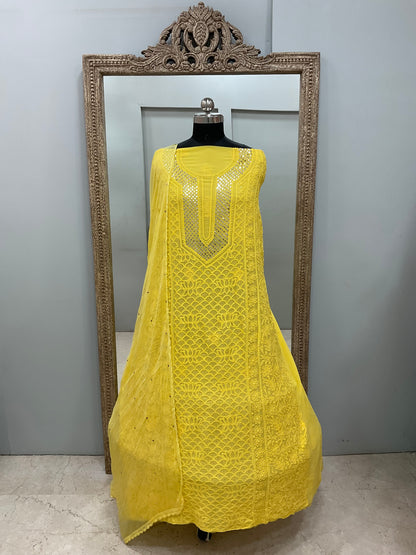 Georgette Straight Heavy Mukaish Work With Chiffon Dupatta Yellow