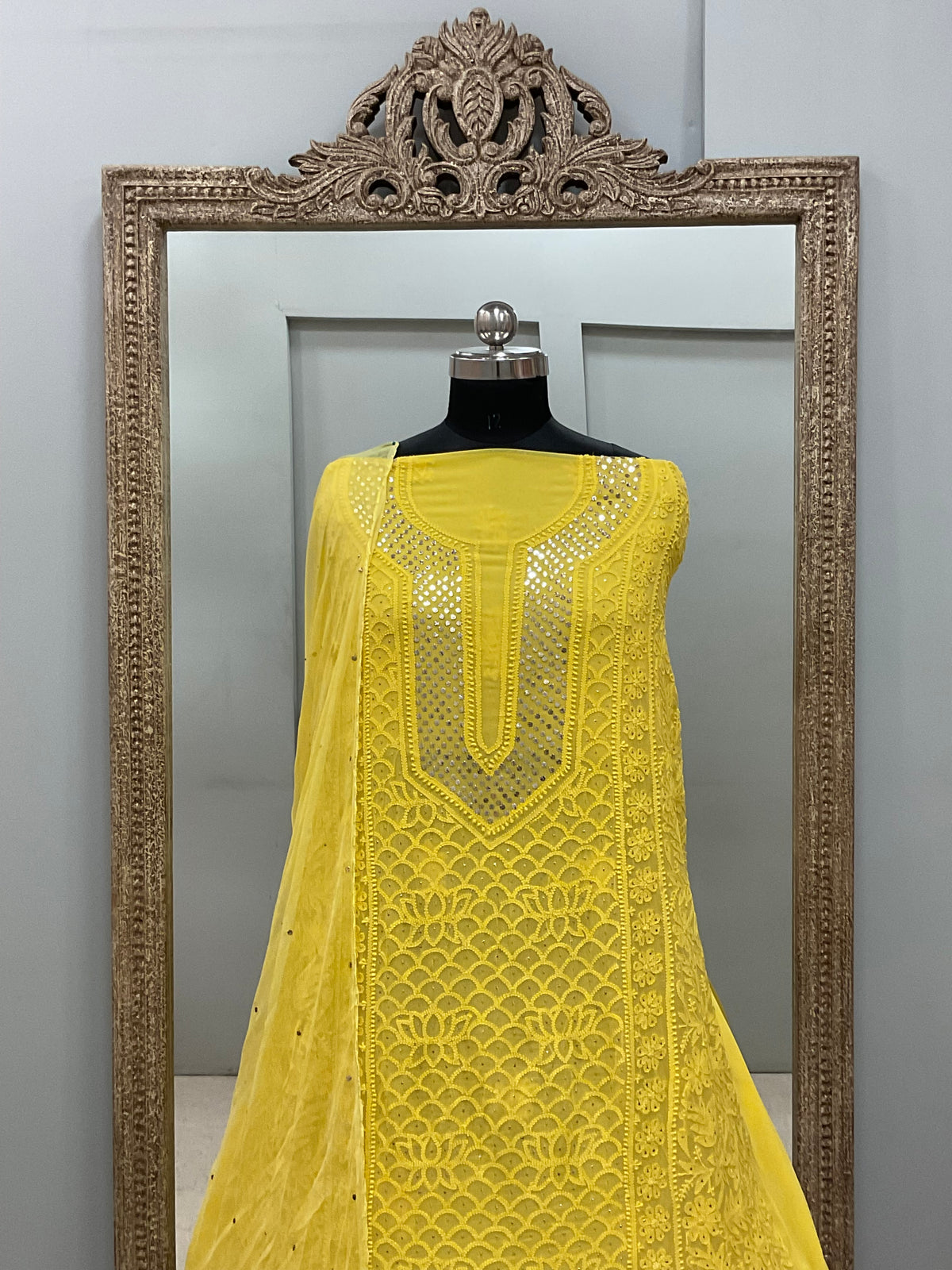Georgette Straight Heavy Mukaish Work With Chiffon Dupatta Yellow