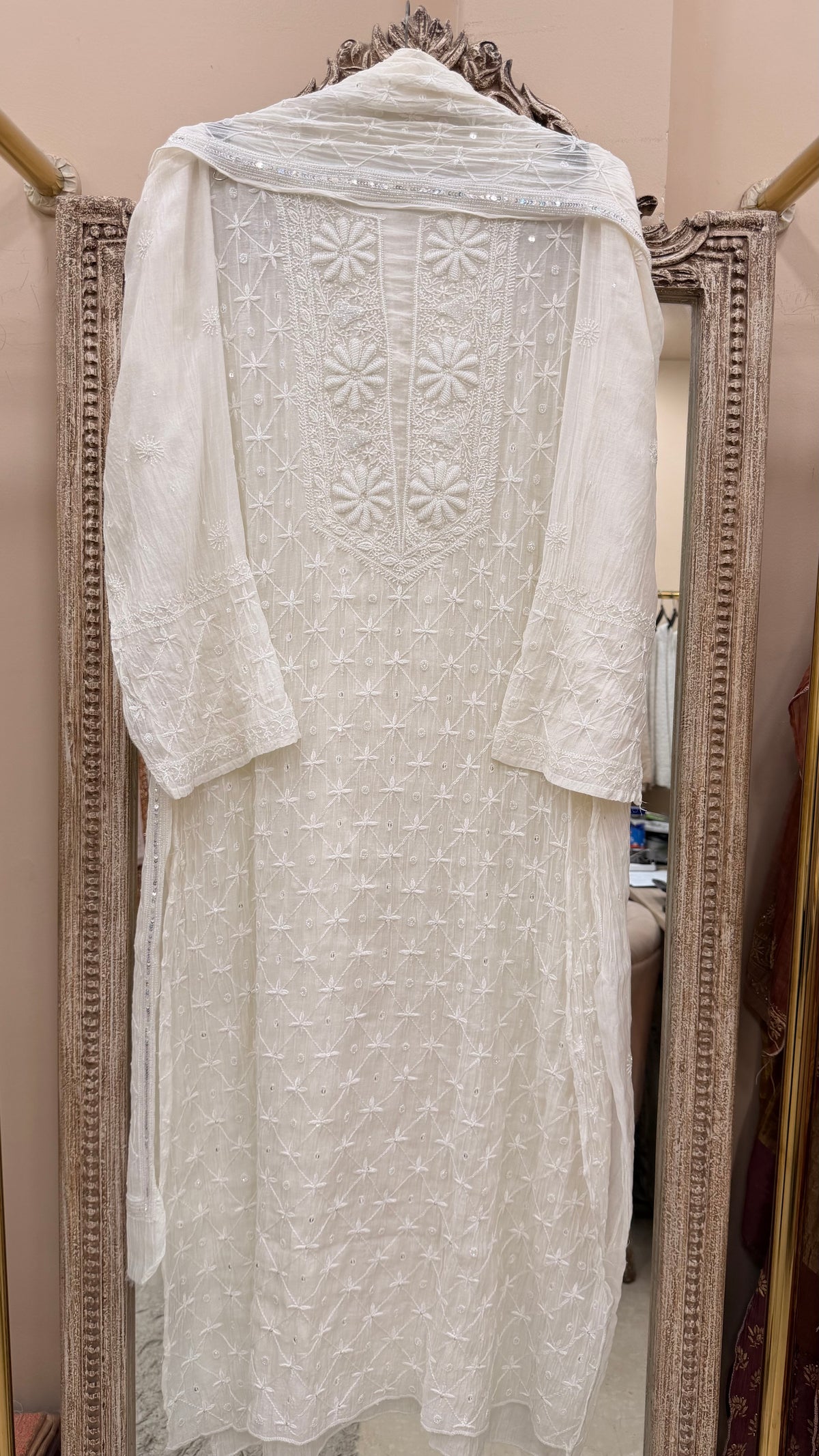 Pure Mulmul Cotton Semistiched Kurta Pearl And Addon Work With Heavy Dupatta White 01