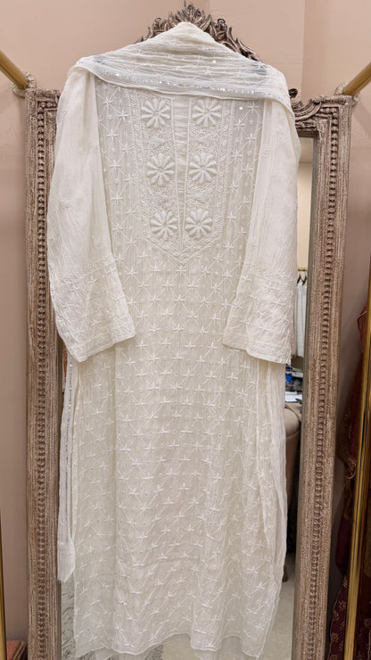 Pure Mulmul Cotton Semistiched Kurta Pearl And Addon Work With Heavy Dupatta White 01