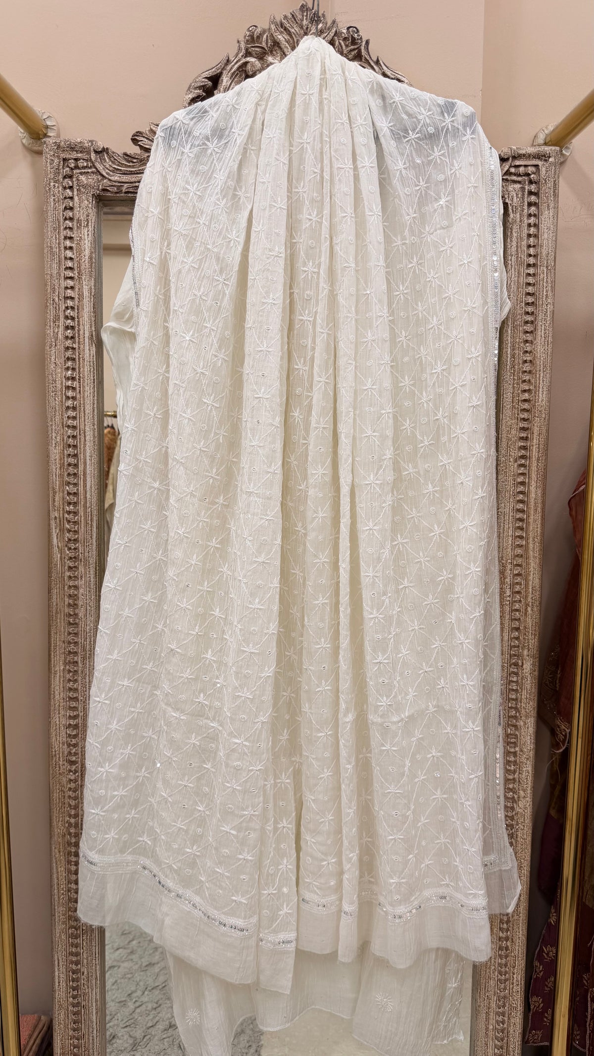 Pure Mulmul Cotton Semistiched Kurta Pearl And Addon Work With Heavy Dupatta White 01