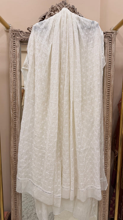 Pure Mulmul Cotton Semistiched Kurta Pearl And Addon Work With Heavy Dupatta White 01
