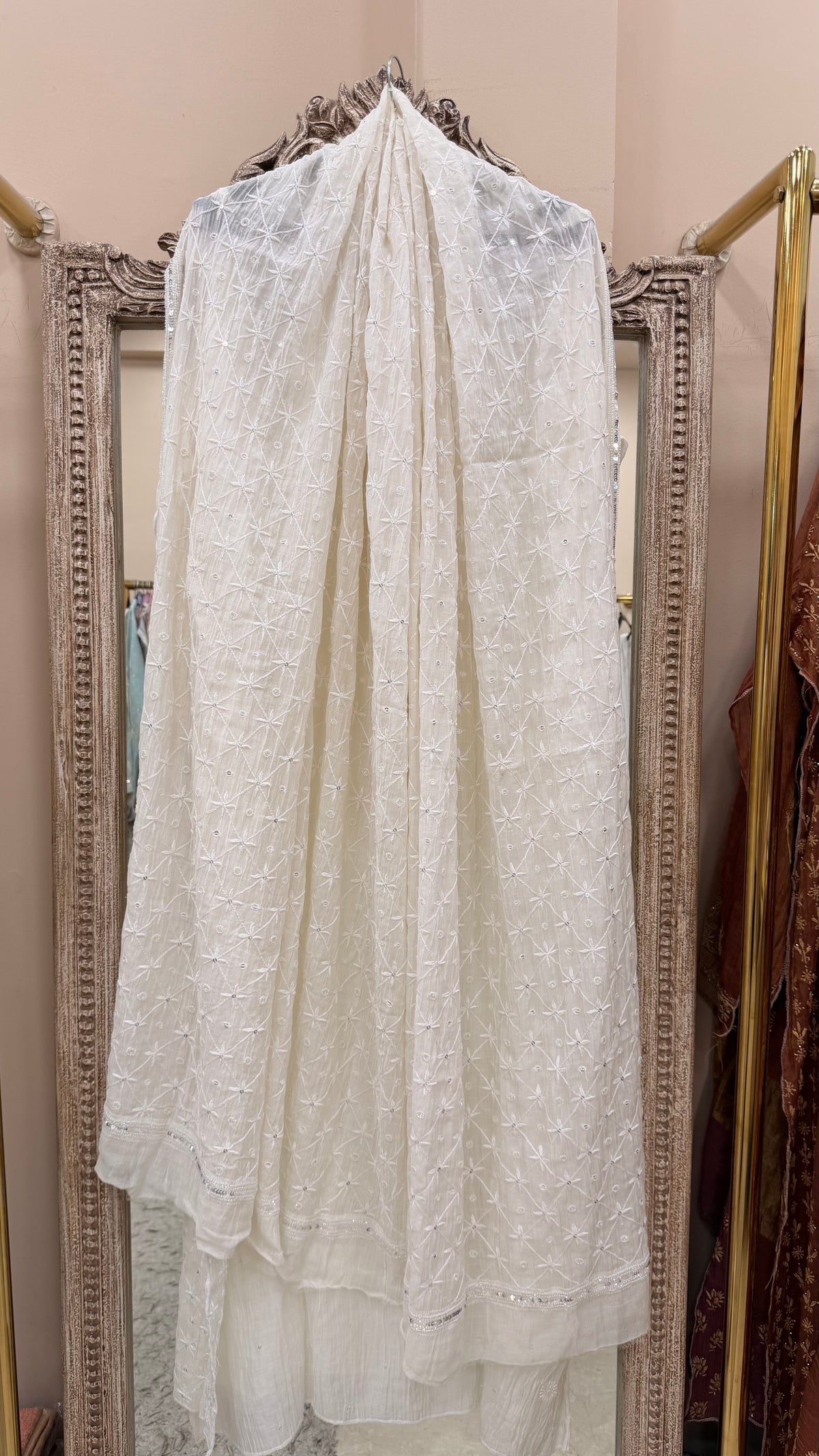 Pure Mulmul Cotton Semistiched Kurta Pearl And Addon Work With Heavy Dupatta White 02