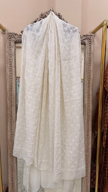 Pure Mulmul Cotton Semistiched Kurta Pearl And Addon Work With Heavy Dupatta White 02