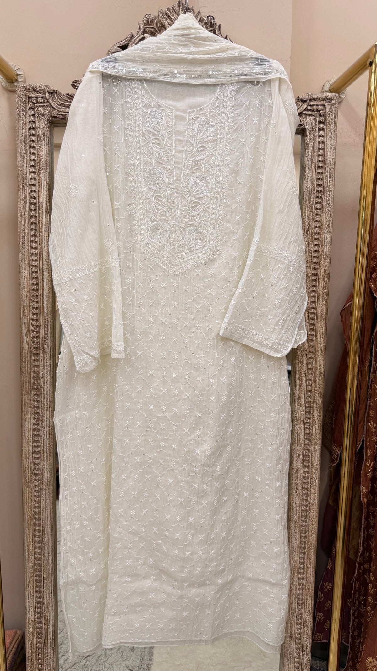Pure Mulmul Cotton Semistiched Kurta Pearl And Addon Work With Heavy Dupatta White 02
