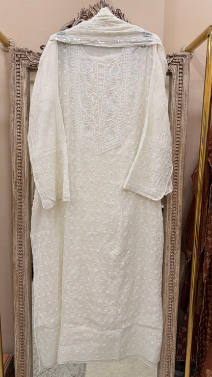 Pure Mulmul Cotton Semistiched Kurta Pearl And Addon Work With Heavy Dupatta White 02