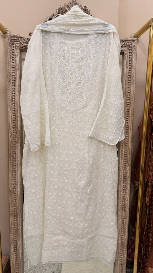 Pure Mulmul Cotton Semistiched Kurta Pearl And Addon Work With Heavy Dupatta White 02