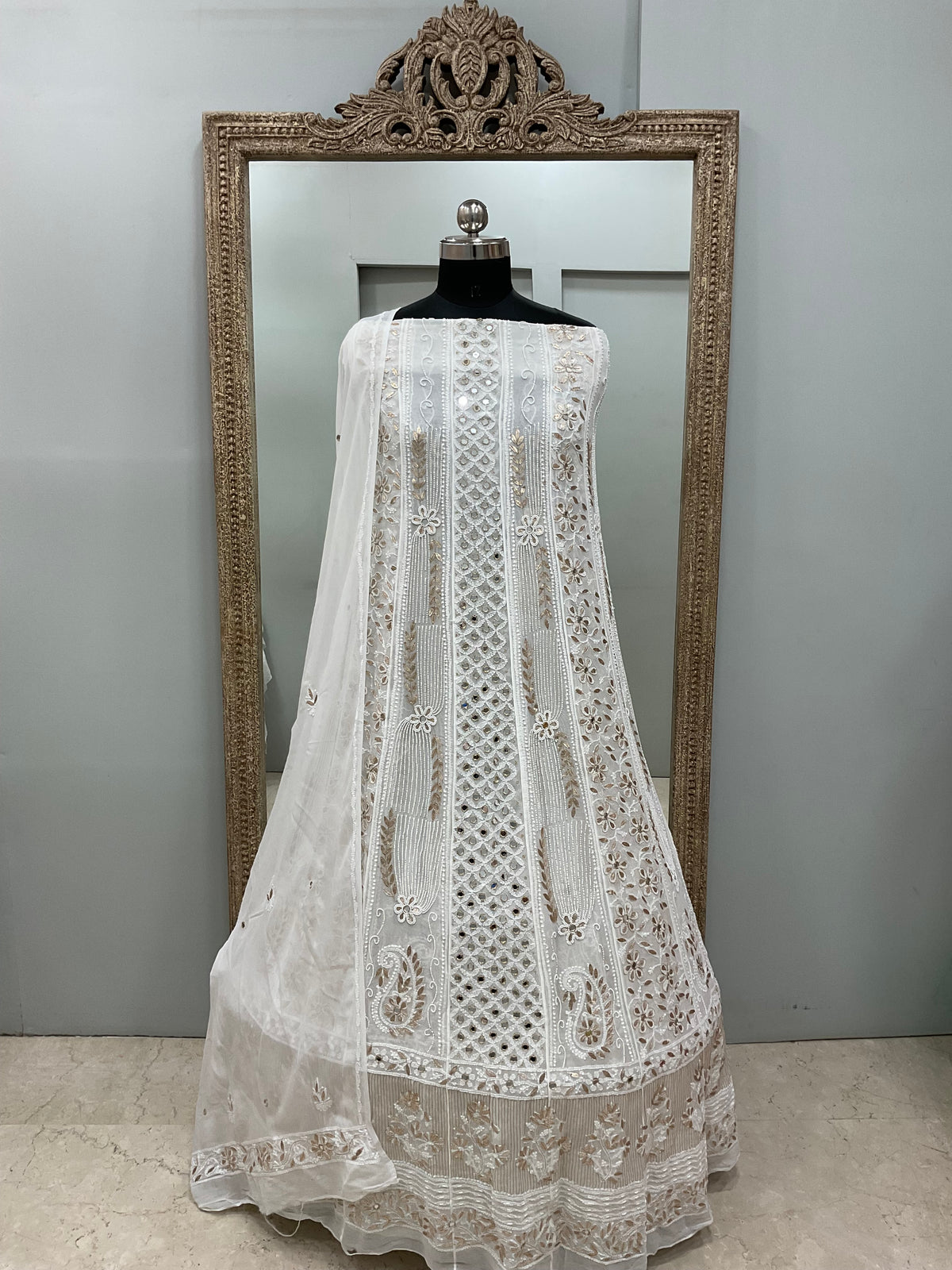 Georgette Anarkali Heavy Gota Mirror Work Off White 01