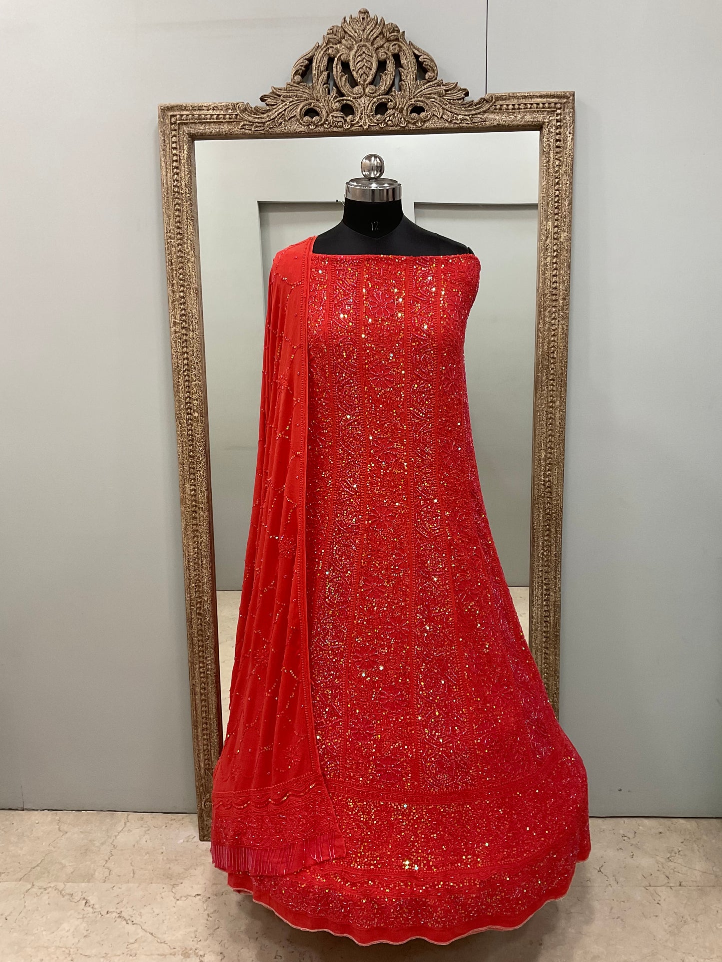 Pure Georgette Anarkali Heavy Pearl, Cutdana and Sequence Red