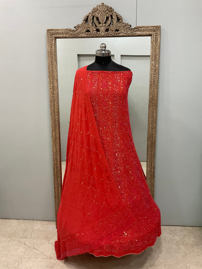 Pure Georgette Anarkali Heavy Pearl, Cutdana and Sequence Red