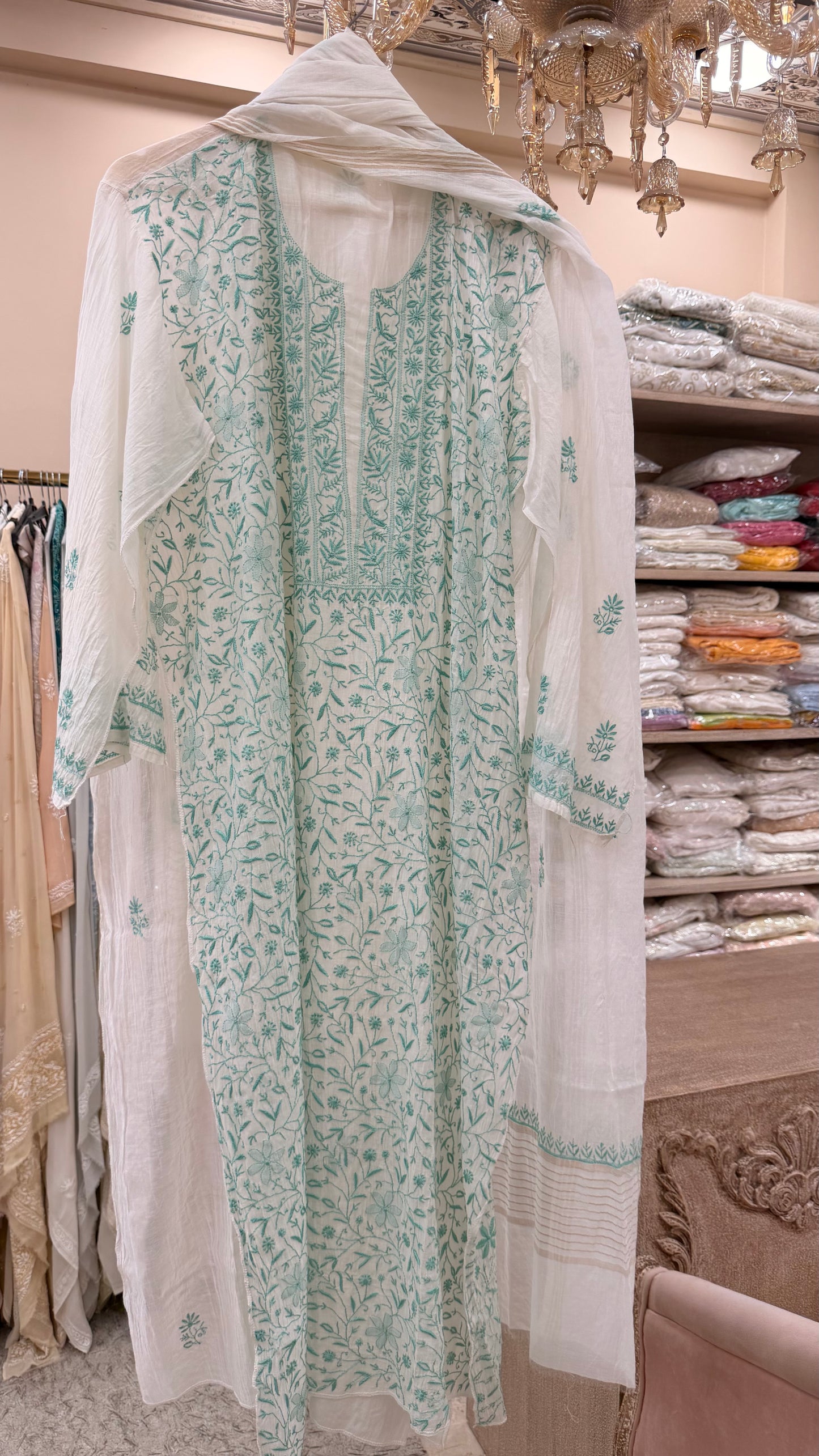 Pure Mulmul Cotton Straight Kurta Chicken Work With Dupatta Offwhite  03