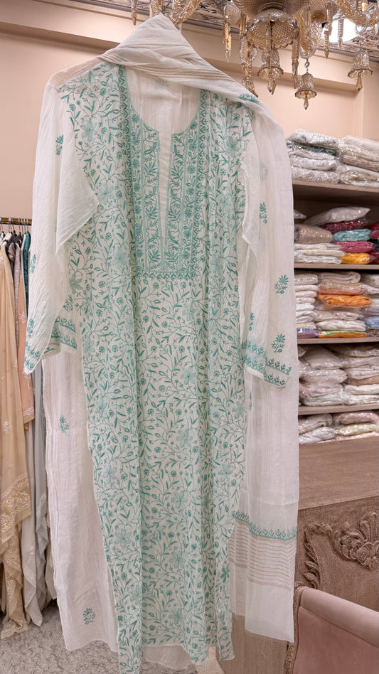 Pure Mulmul Cotton Straight Kurta Chicken Work With Dupatta Offwhite  03