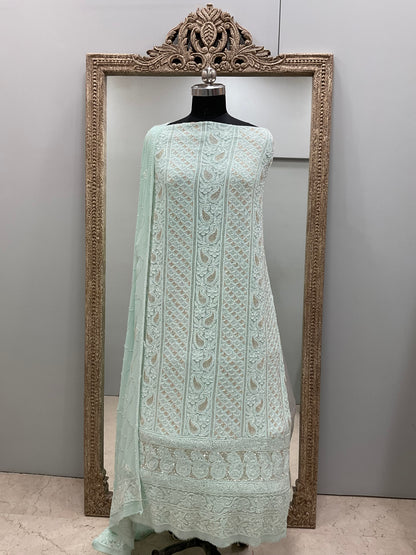 Pure Georgette Heavy Pearl Cutdana and Sequence Designer Green