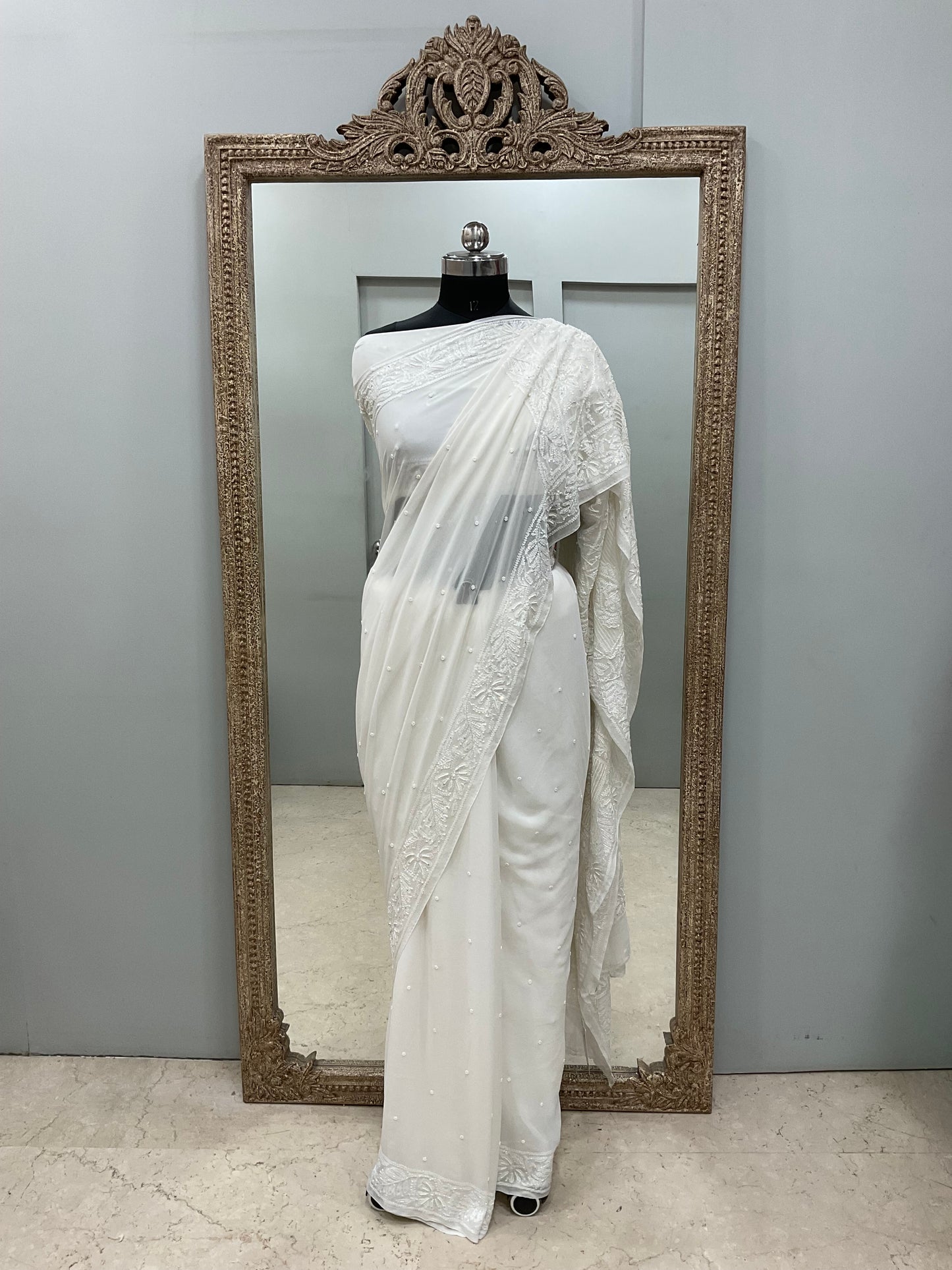 Pure Georgette Saree Superfine Work full jaal with Heavy Cutdana and Sequence White