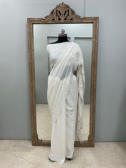 Pure Georgette Saree Superfine Work full jaal with Heavy Cutdana and Sequence White