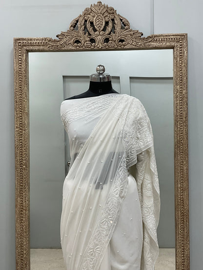 Pure Georgette Saree Superfine Work full jaal with Heavy Cutdana and Sequence White
