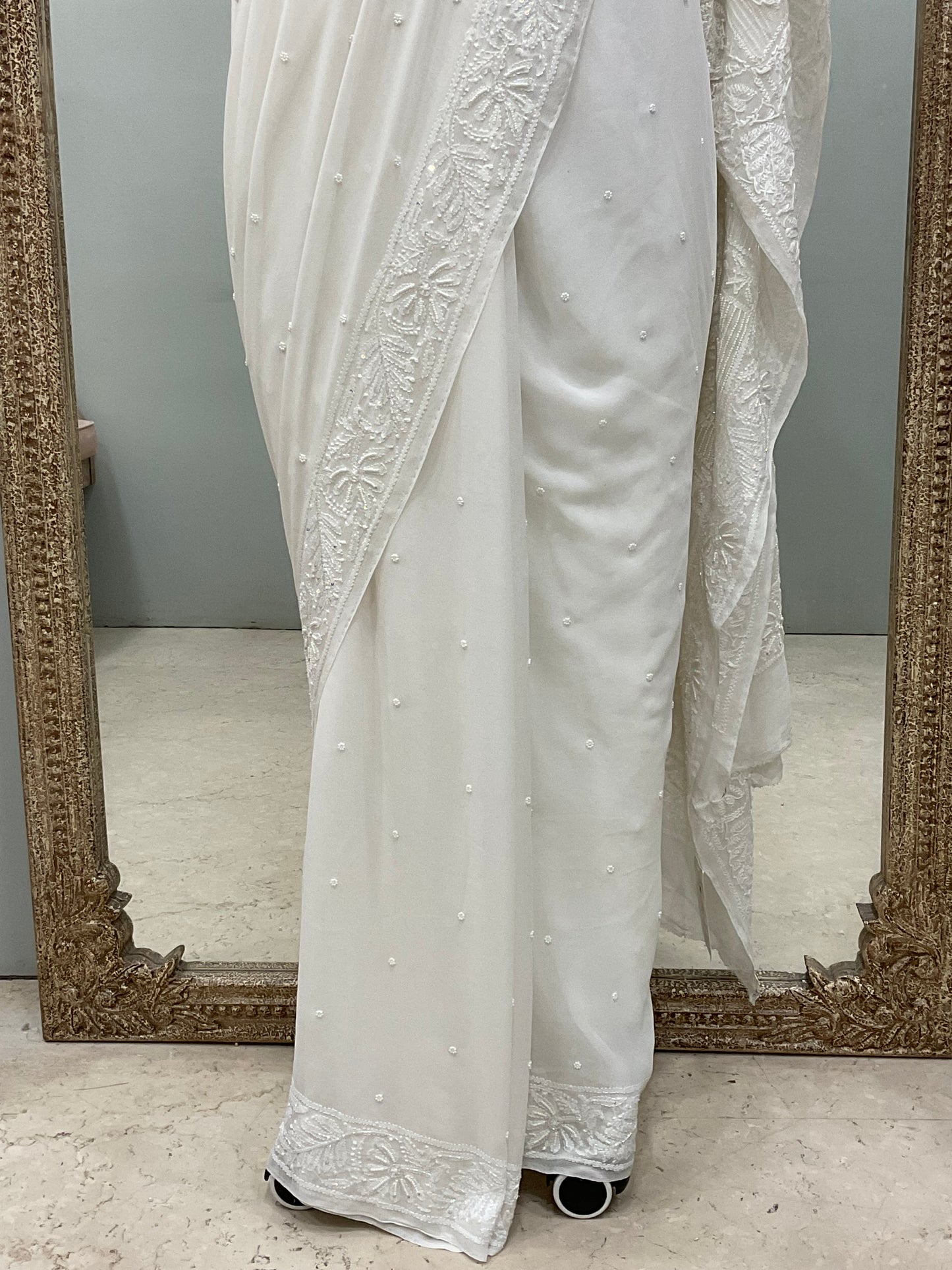 Pure Georgette Saree Superfine Work full jaal with Heavy Cutdana and Sequence White