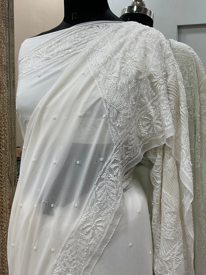 Pure Georgette Saree Superfine Work full jaal with Heavy Cutdana and Sequence White