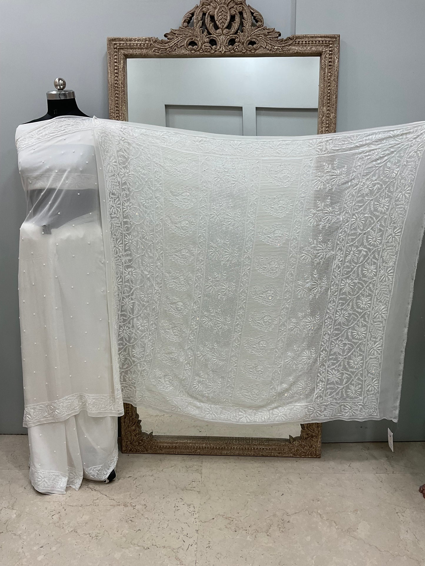 Pure Georgette Saree Superfine Work full jaal with Heavy Cutdana and Sequence White