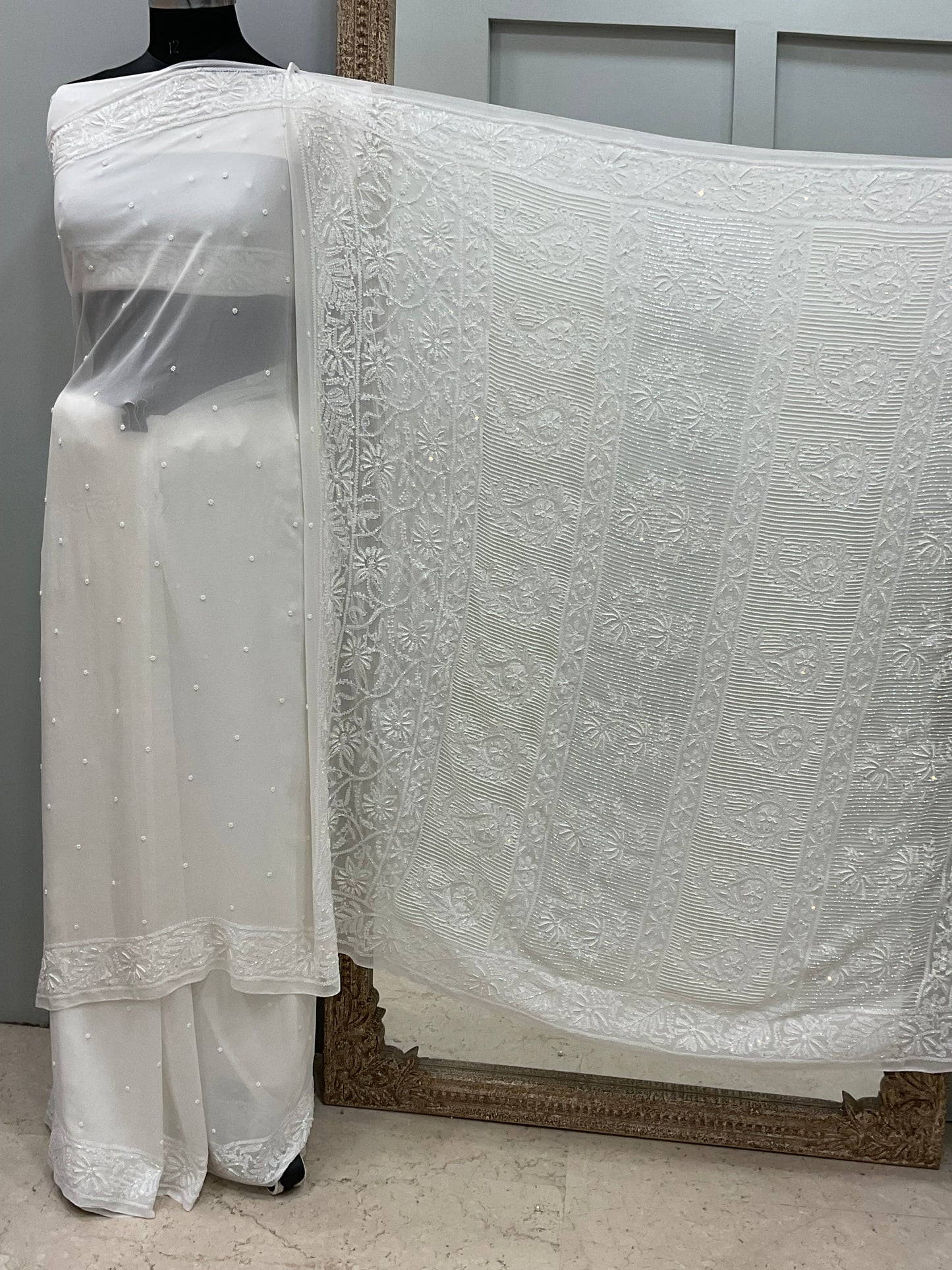 Pure Georgette Saree Superfine Work full jaal with Heavy Cutdana and Sequence White
