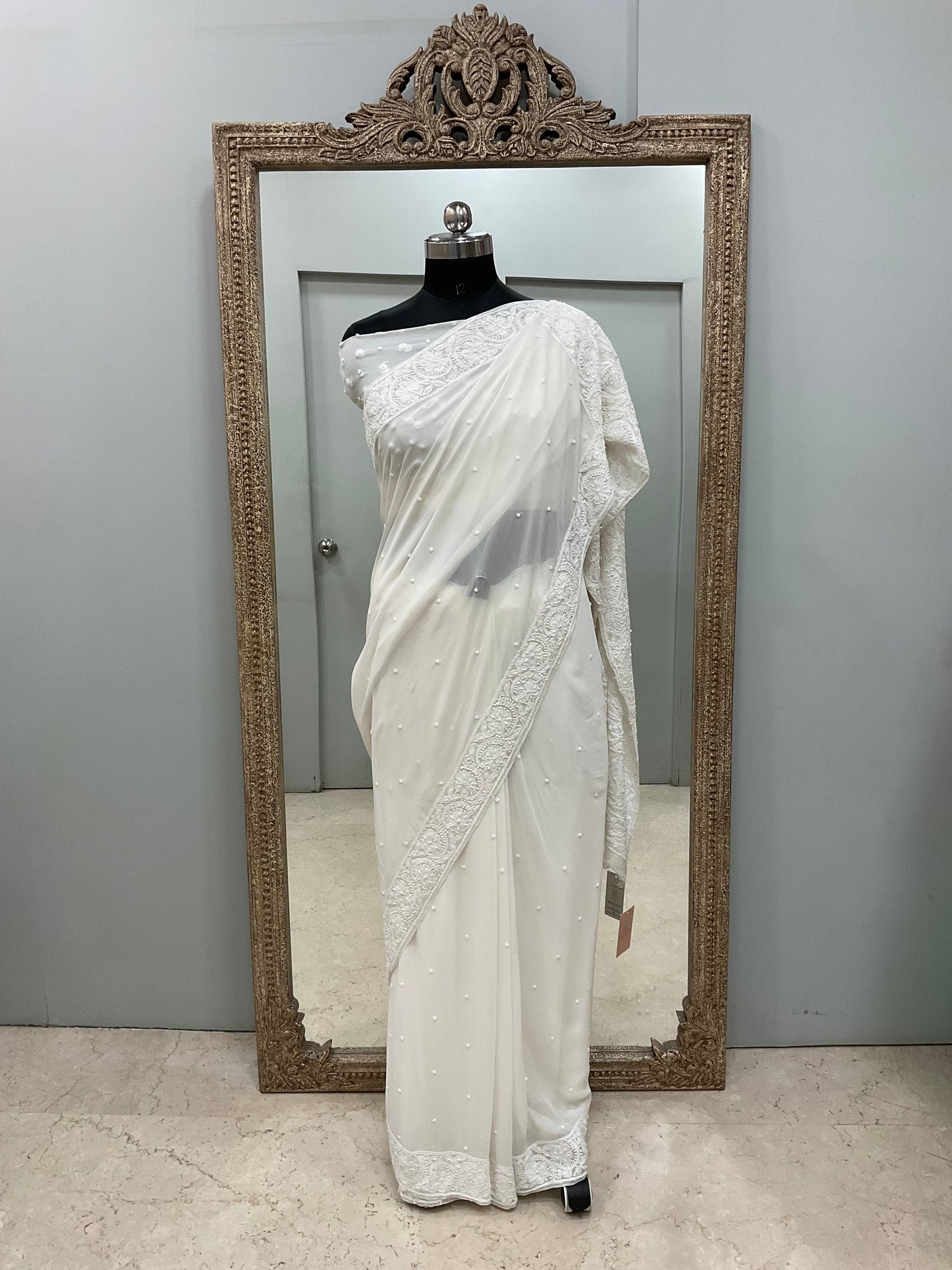 Pure Georgette Saree Superfine Work full jaal with Heavy Cutdana and Sequence White