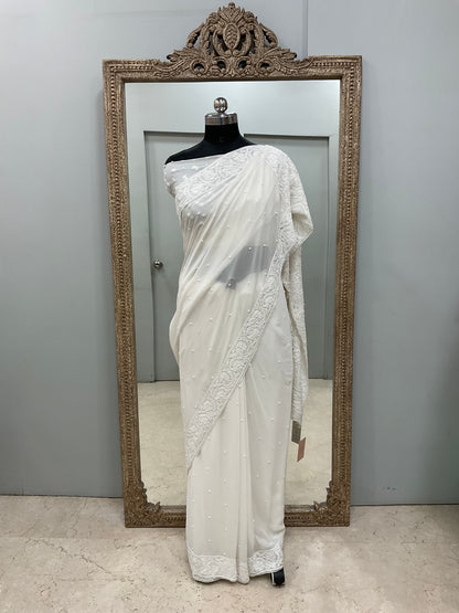 Pure Georgette Saree Superfine Work full jaal with Heavy Cutdana and Sequence White