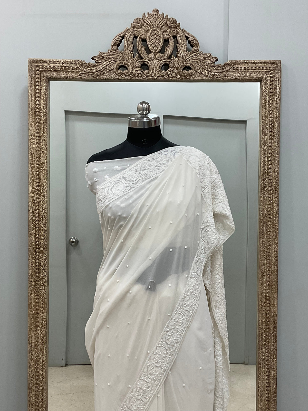 Pure Georgette Saree Superfine Work full jaal with Heavy Cutdana and Sequence White