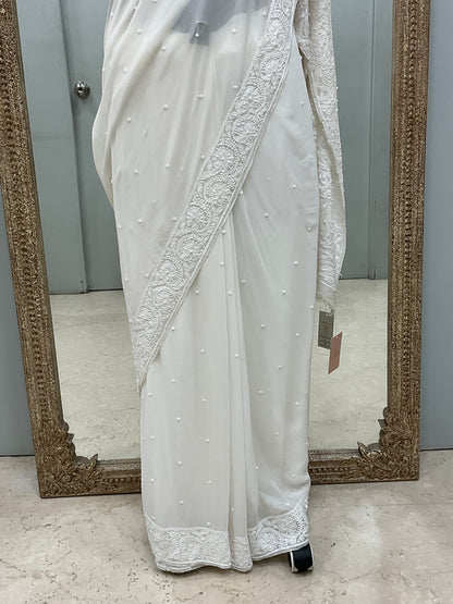 Pure Georgette Saree Superfine Work full jaal with Heavy Cutdana and Sequence White