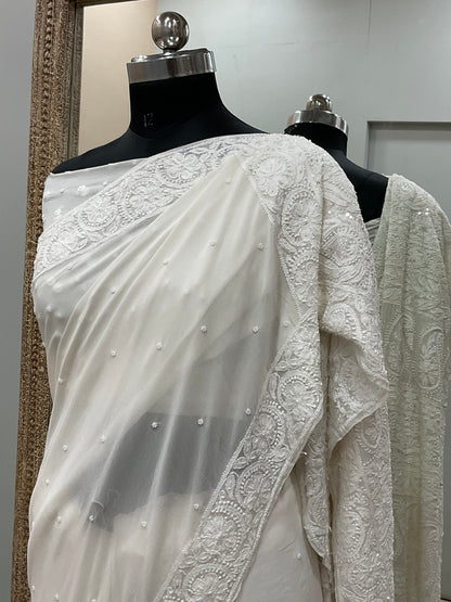 Pure Georgette Saree Superfine Work full jaal with Heavy Cutdana and Sequence White