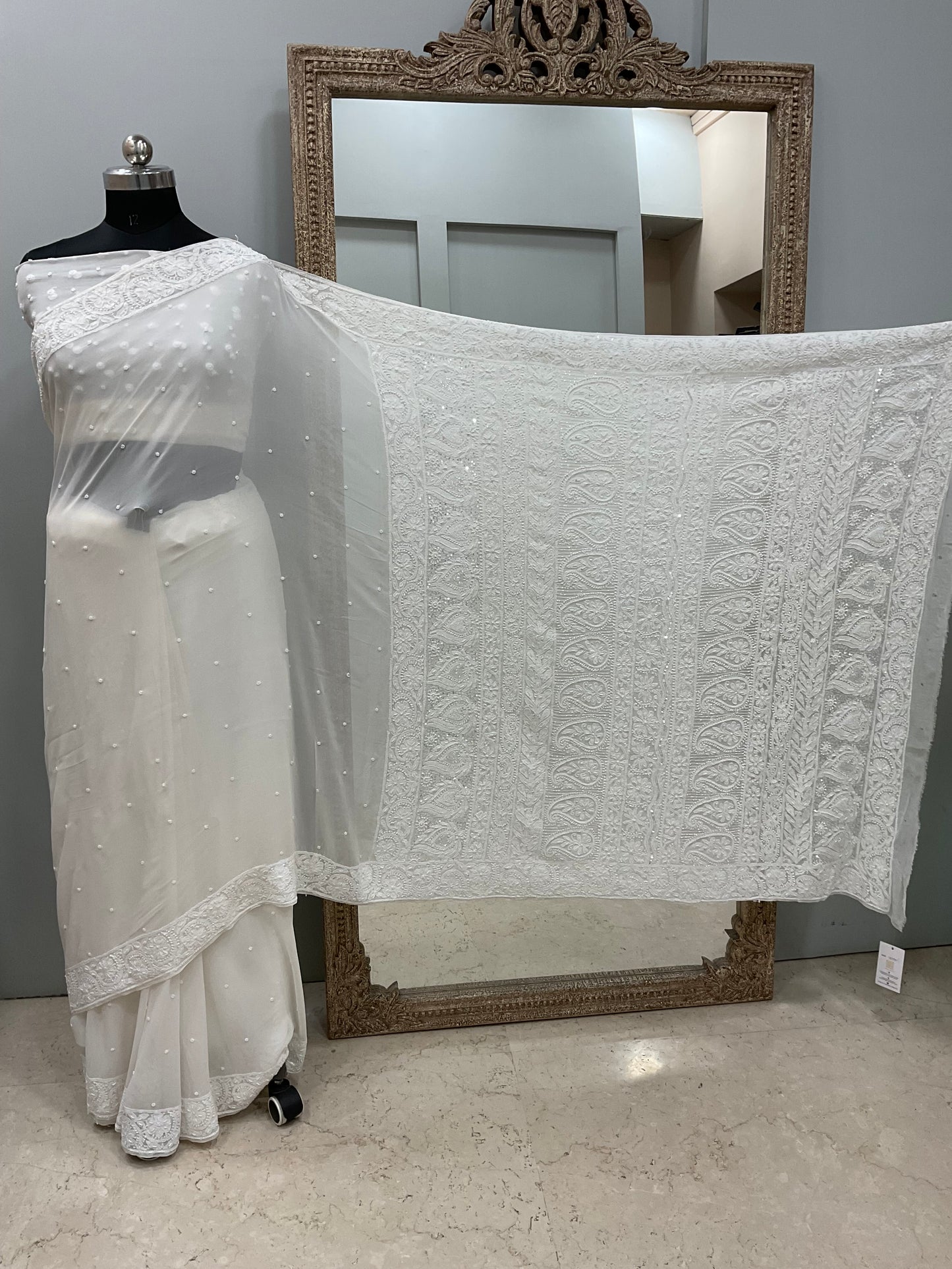 Pure Georgette Saree Superfine Work full jaal with Heavy Cutdana and Sequence White