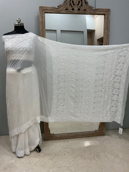 Pure Georgette Saree Superfine Work full jaal with Heavy Cutdana and Sequence White