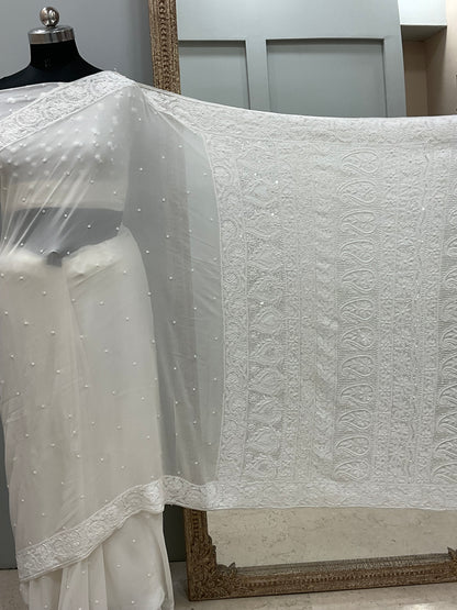 Pure Georgette Saree Superfine Work full jaal with Heavy Cutdana and Sequence White