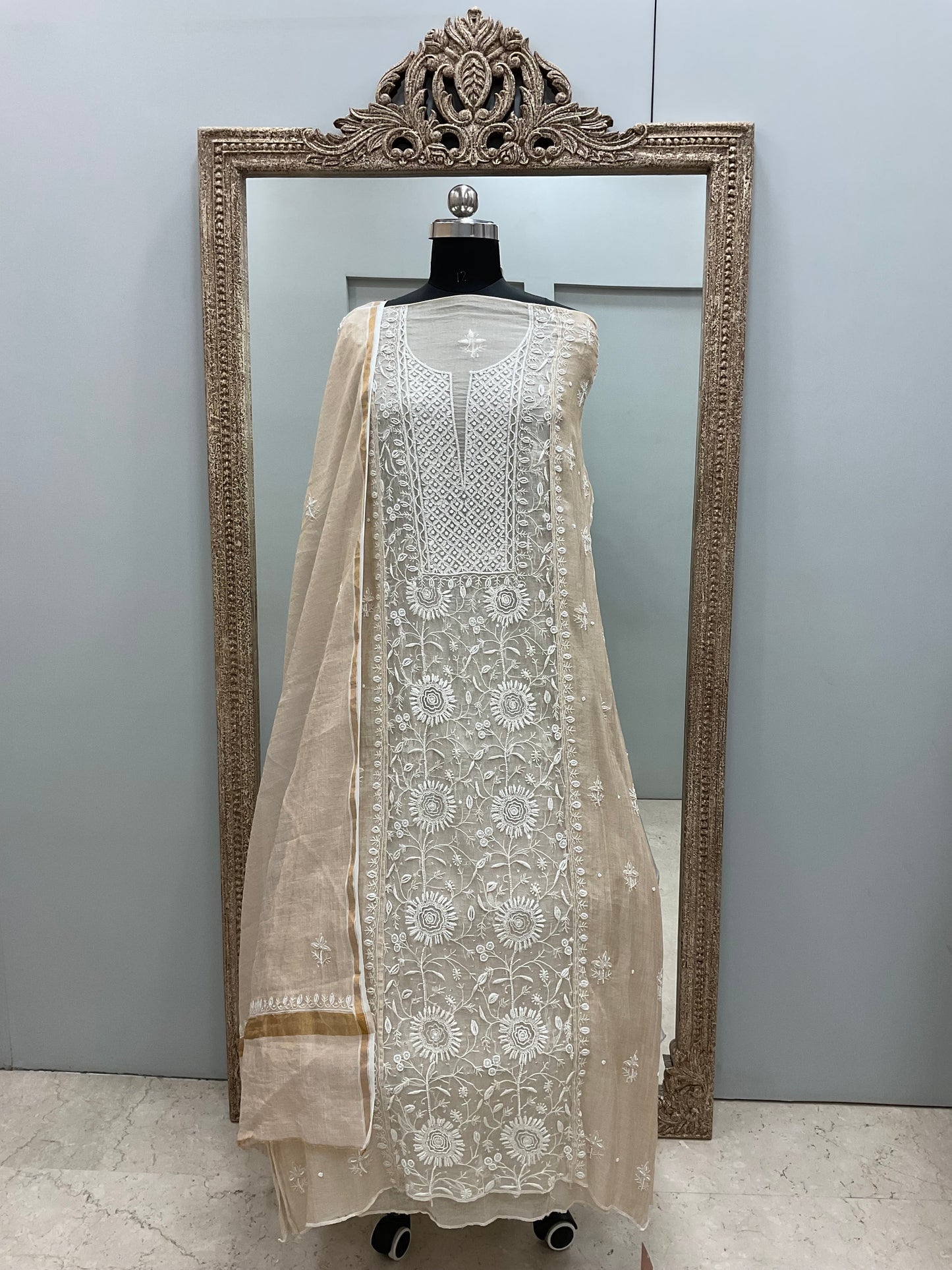 Organza Tissue Semi Stitched Straight Booty Pearl and Cutdana Work With Dupatta Golden Beige 06