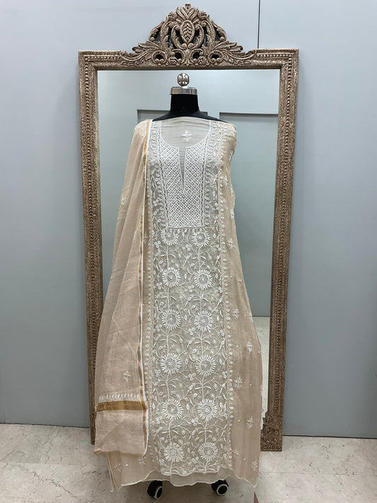 Organza Tissue Semi Stitched Straight Booty Pearl and Cutdana Work With Dupatta Golden Beige 06