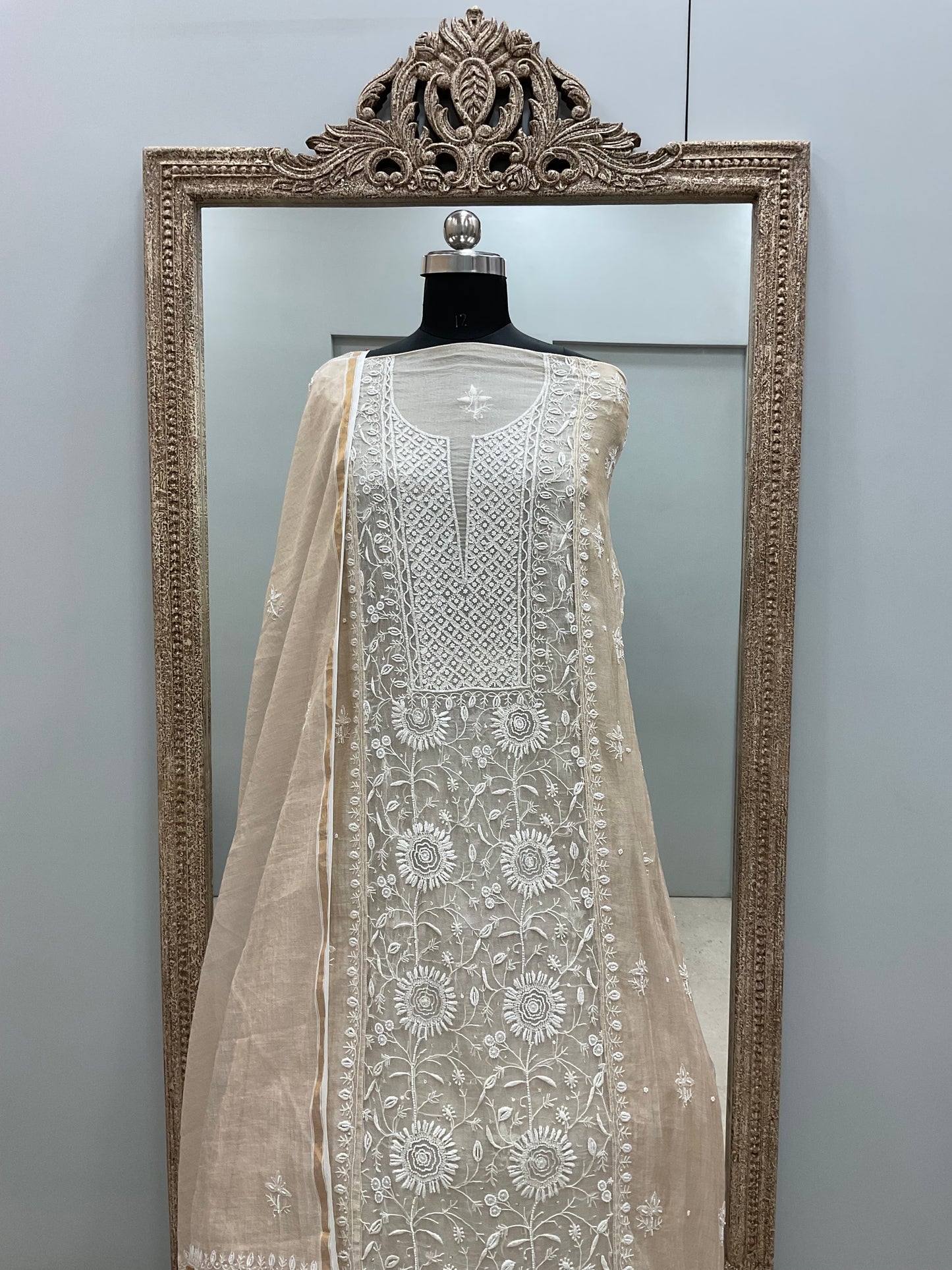 Organza Tissue Semi Stitched Straight Booty Pearl and Cutdana Work With Dupatta Golden Beige 06