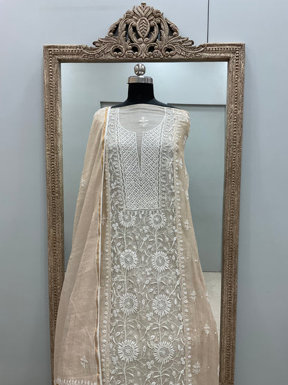 Organza Tissue Semi Stitched Straight Booty Pearl and Cutdana Work With Dupatta Golden Beige 06