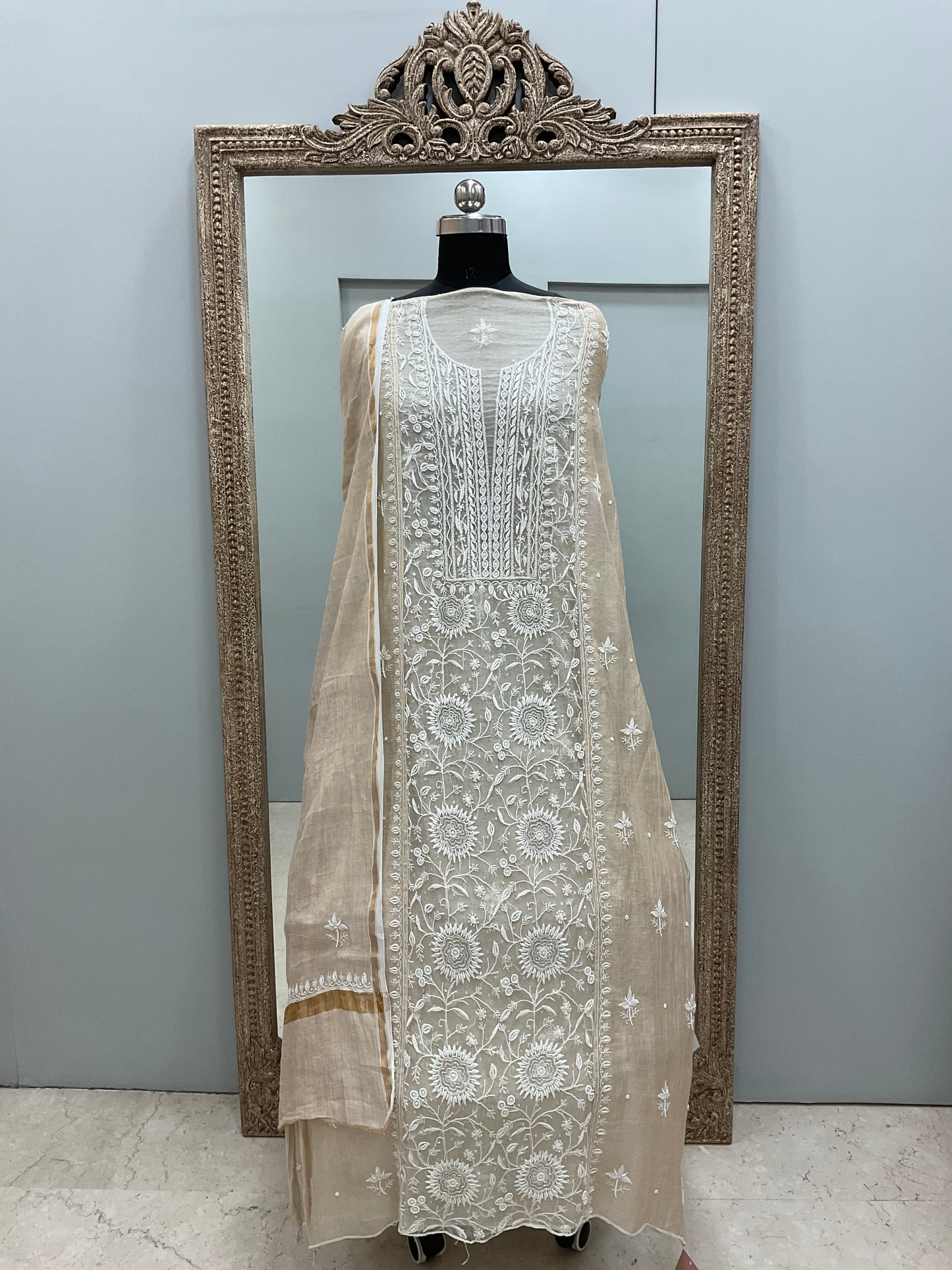 Organza Tissue Semi Stitched Straight Booty Pearl and Cutdana Work With Dupatta Golden Beige 07