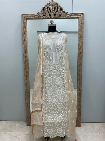 Organza Tissue Semi Stitched Straight Booty Pearl and Cutdana Work With Dupatta Golden Beige 07