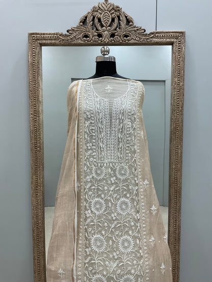 Organza Tissue Semi Stitched Straight Booty Pearl and Cutdana Work With Dupatta Golden Beige 07