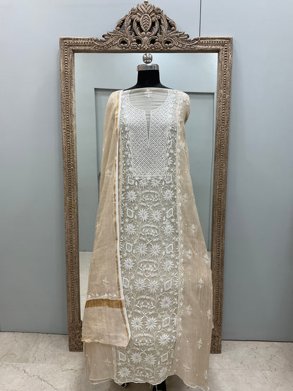 Organza Tissue Semi Stitched Straight Booty Pearl and Cutdana Work With Dupatta Golden Beige 8