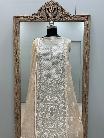 Organza Tissue Semi Stitched Straight Booty Pearl and Cutdana Work With Dupatta Golden Beige 8