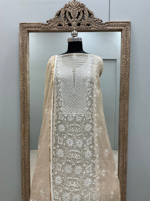 Organza Tissue Semi Stitched Straight Booty Pearl and Cutdana Work With Dupatta Golden Beige 8
