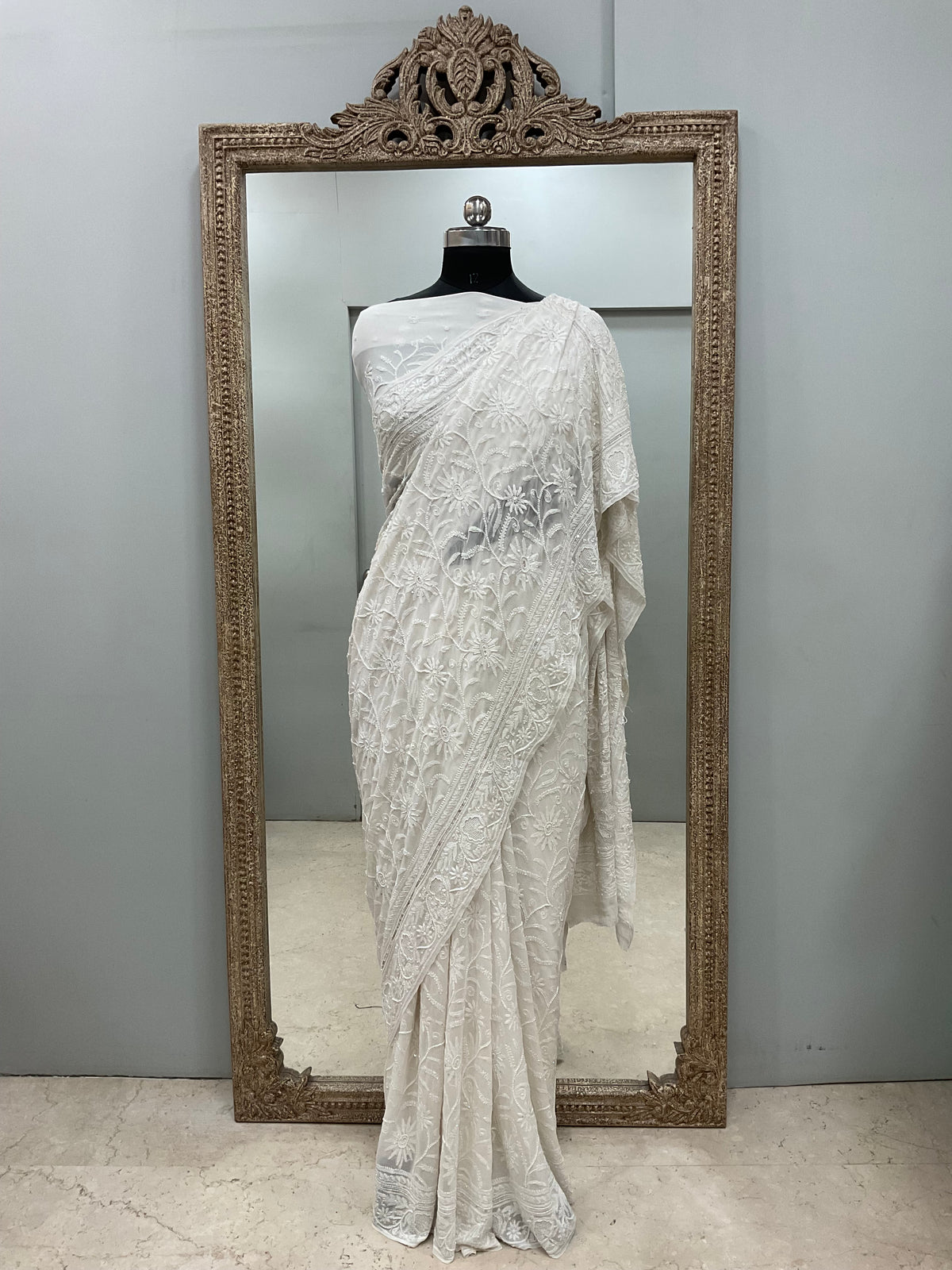 Pure Georgette Saree Superfine Work full jaal with Heavy Cutdana and Sequence White